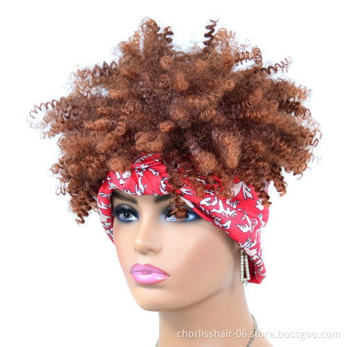 Wholesale Ombre High Quality Black Kinky Curly Turban Wigs Short Heat Resistant Afro Synthetic Headband Attached Wigs For Women